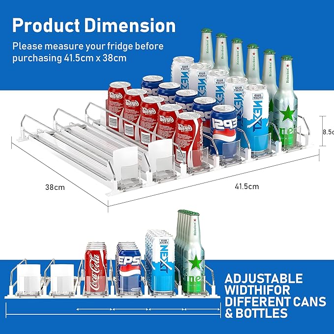 Drink Organizer for Fridge, Soda Can Organizer Dispenser for Refrigerator with Automatic Pusher Glide, Width Adjustable Clear Dividers Can Holder for 25 Cans, 15''D x16.6''W, 5 Rows