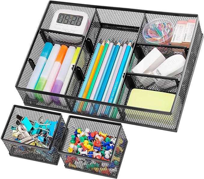 Marbrasse 3 Packs Desk Drawer Organizers, Metal Mesh Dividers Desk Drawer Organizer Tray with 9 Adjustable Compartments, Pen Organizer for Drawer Tray Box Accessories for Desktop,Kitchen, Makeup-NeatNest