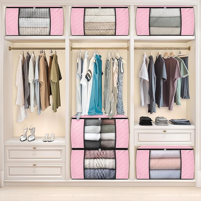 Fab totes 10 Pack Clothes Storage, Foldable Thick Fabric Blanket Storage Bags, Containers for Organizing Bedroom, Closet, Clothing, Comforter,Organization with Handle,Pink-NeatNest