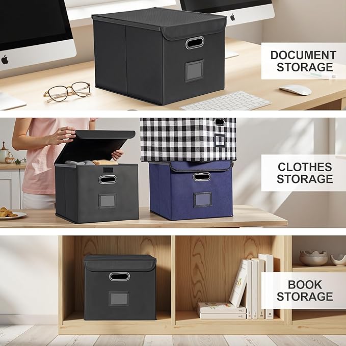 File Organizer Box, Linen Filing Organizer with Lid, Large Desktop File Boxes, Black,2 Pack