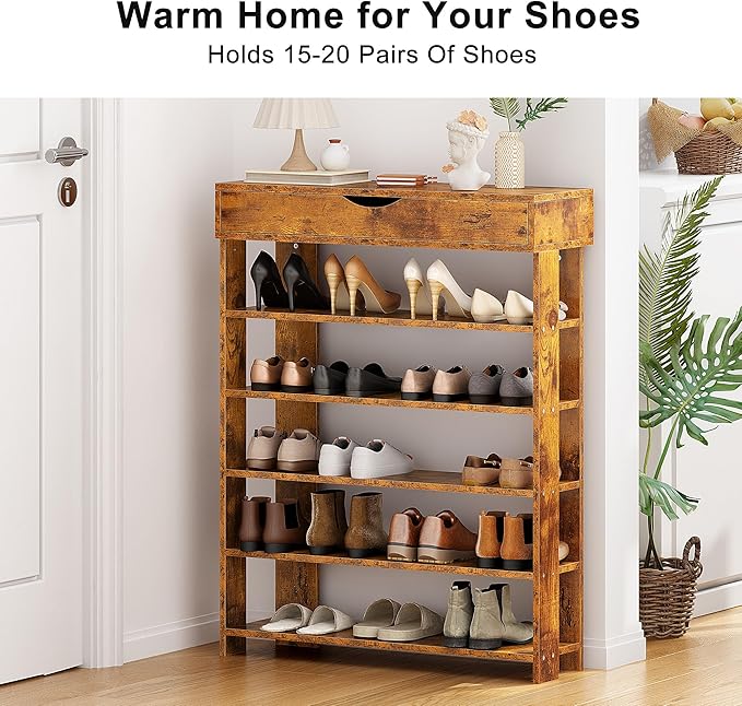 soges 5-Tier Wooden Shoe Rack with Storage Cabinet, 29.5 inches Vertical Free Standing Shoe Shelf, Shoe Organizer Storage Cabinet for Entryway, Living Room, Hallway, Doorway, Rustic Brown-NeatNest