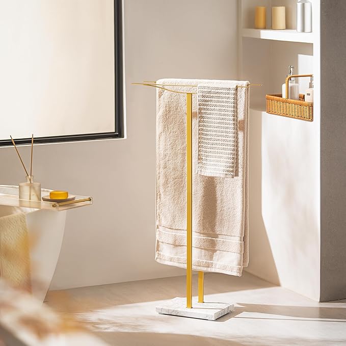 Bathroom Towel Rack Freestanding Floor Stand: Gold 36in 2‑Bar Weighted Marble Base Towel Holder, Rustproof 304 Stainless Steel Drying Rack for Bath&Hand Towels, No‑Drill Slim Organizer, Spa Pool