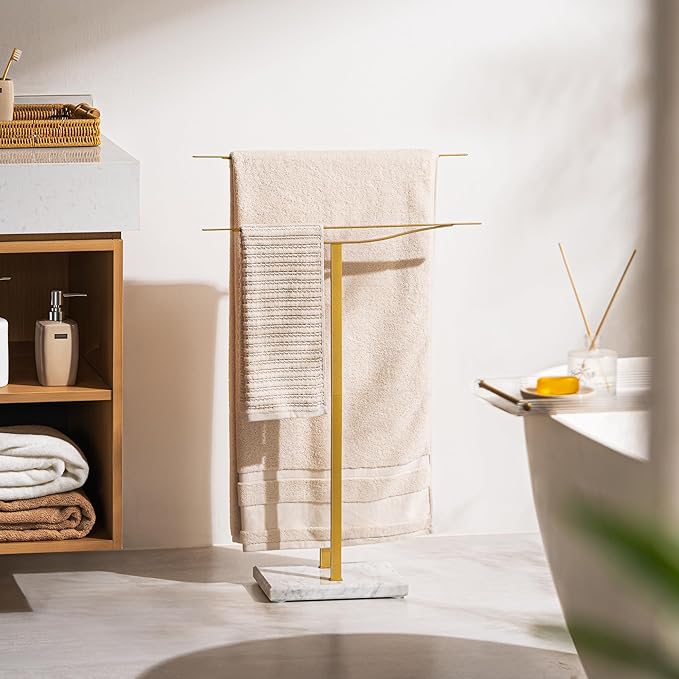 Bathroom Towel Rack Freestanding Floor Stand: Gold 33in 2‑Bar Weighted Marble Base Towel Holder, Rustproof 304 Stainless Steel Drying Rack for Bath&Hand Towels, No‑Drill Slim Organizer, Spa Pool