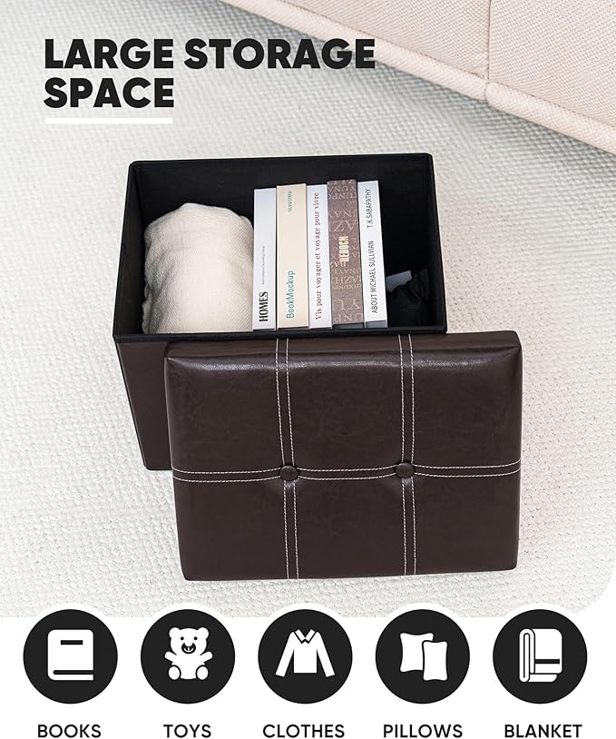 B FSOBEIIALEO Folding Storage Ottoman, Faux Leather Footrest Seat Coffee Table Toy Chest Kids, Brown 16.5"x12.6"x12.6"