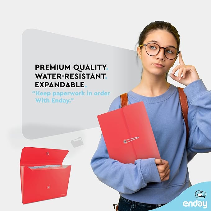 Accordian File Organizer, 7 Pocket Expanding File & Cover Folder with Labels, Plastic Portable Desktop Supplies Letter A4 Paper in Red and Grey (2 Pack) – by Enday