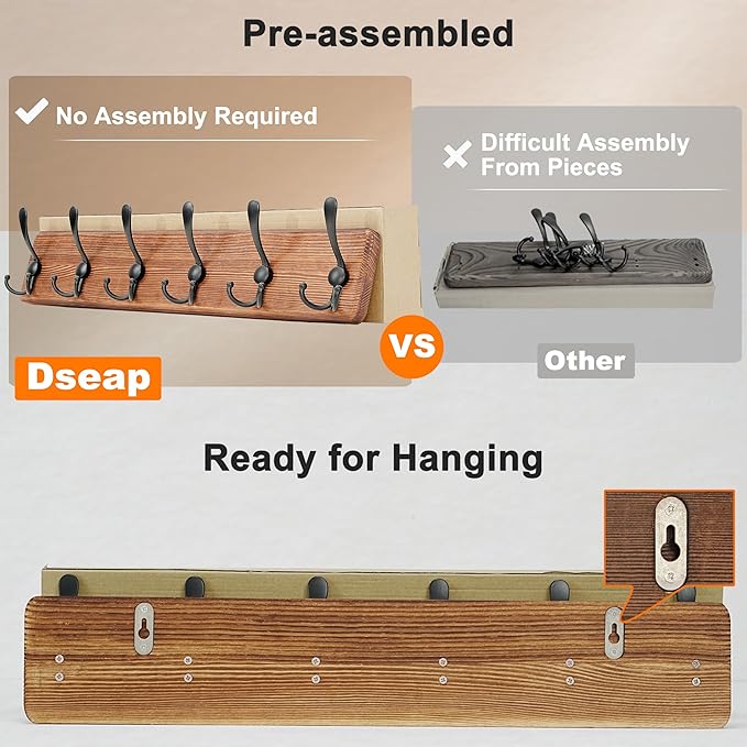 Dseap Coat Rack Wall Mounted - 24" Long 6 Tri Hooks, Heavy Duty Wooden Wall Coat Hanger Coat Hook for Clothes Hat Jacket Clothing, White and Black