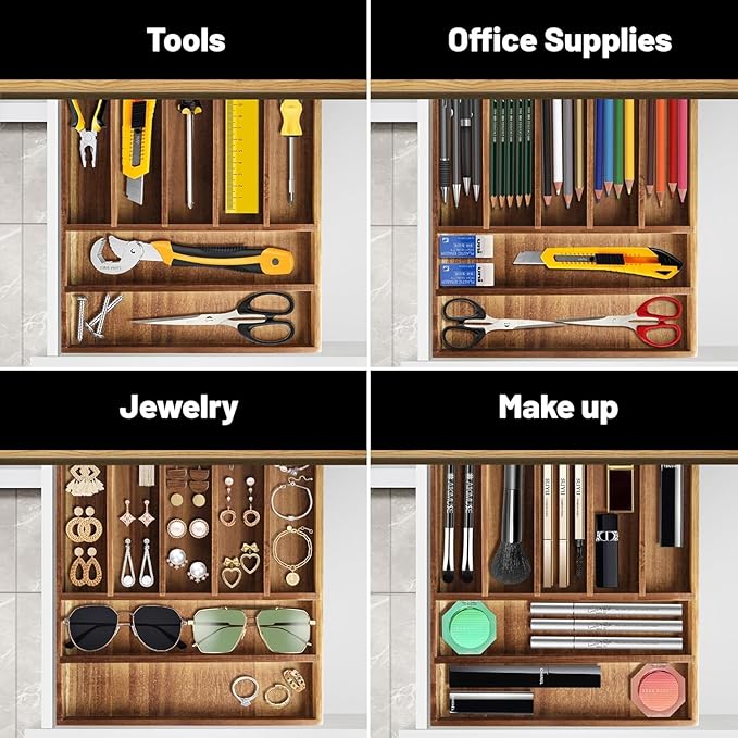 Acacia Wood Silverware Organizer, Kitchen Utensil Drawer Organizer, Fork and Spoon Utensil Holder Organizer. Can Also Be Used To Organize Jewelry, Tools, Office Supplies and Make Up. (5 bulkheads)