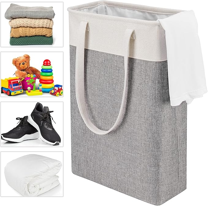 Collapsible Laundry Baskets Double Laundry Hampers Large Foldable Laundry Basket Organizer with Straps Beig Gray Cloth Laundry Hamper Patchcwork Laundry Sorter Dirty Clothes Basket,QY-SC22-2-NeatNest