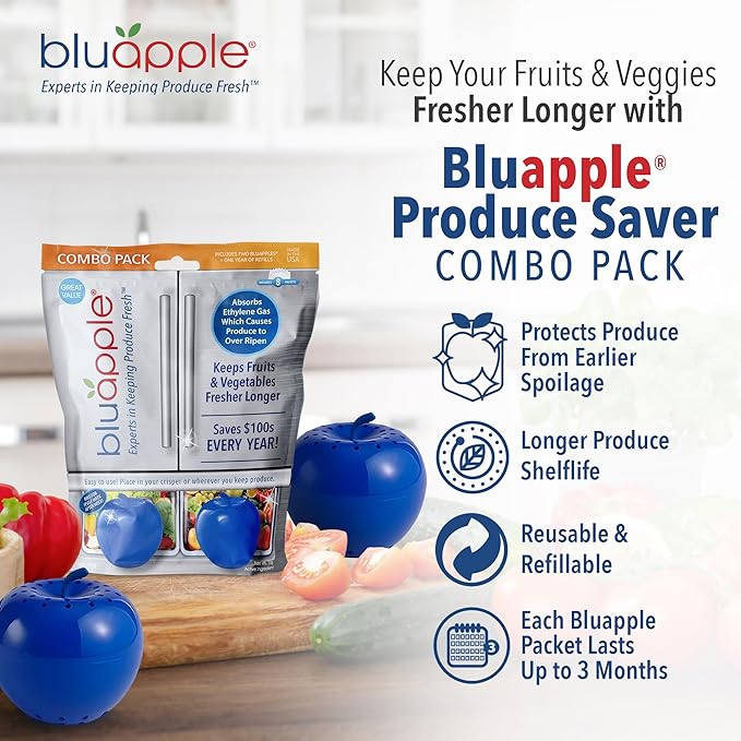 Bluapple Ethylene Gas Absorber Produce Saver Combo Pack - Keeps Fruits & Veggies Fresh in Refrigerator, Lasts up to 3 Months, 8 Packets and 2 Bluapples for 1 Year, Produce Storage, BPA Free, USA Made-NeatNest