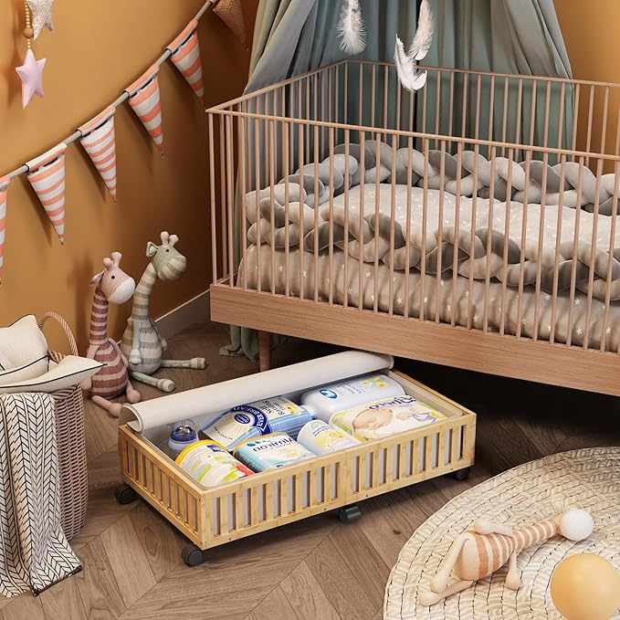Bamboo Under Bed Storage Containers with Wheels, 2 Pack Large Under the Bed Shoe Storage Bins, Wood Rolling Underbed Drawers Organizer for Bedroom Closet Clothes Blanket Under Crib Toy Nature-NeatNest
