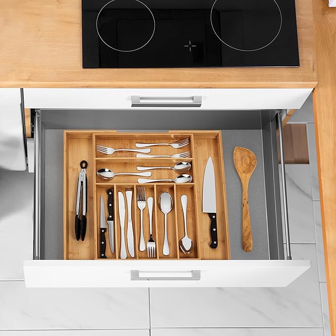 Bamboo Drawer Organizer, 2 Pack - Expandable Silverware Organizer & Utensil Drawer Organizer, Cutlery Tray with Dividers, 7-9 Slots- Premium Kitchen Organizer for Utensils & Flatware (Natural)-NeatNest