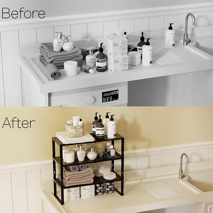 Heavy-Duty Adjustable Metal Shelf Organizer - Expandable & Stackable Pantry Storage Rack for Kitchen, Bathroom, RV, Cabinets(3 Packs/Black, Medium)-NeatNest