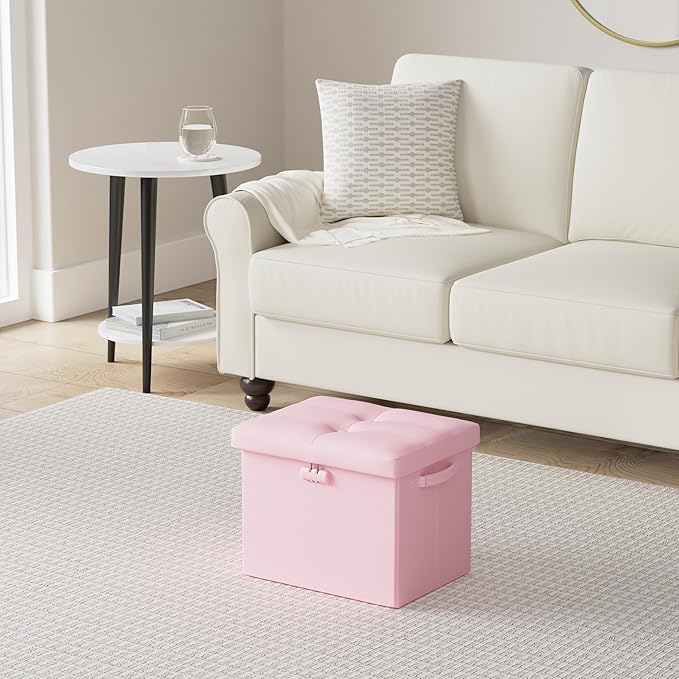DocSafe Storage Ottoman Foot Rest Stool with Lock & Handles, Fireproof Folding Leather Footstool Bench with Storage Safe for Living Room Bedroom, Home Office, Dorm, 17x13x13in, Pink-NeatNest