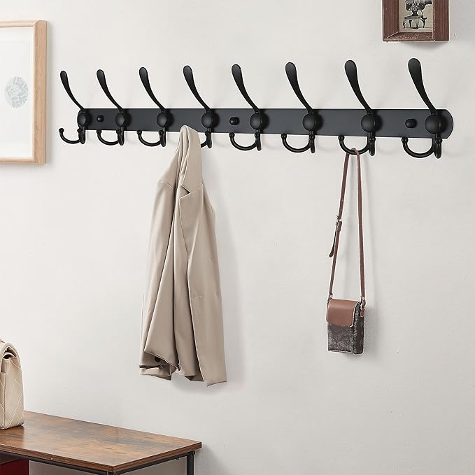 Dseap Coat Rack Wall Mount - 29.5” Long 8-Tri-Hooks Heavy Duty Coat Hanger Rail Wall Hooks for Hanging Coats Hats Clothing Clothes Purse Mudroom Entryway, Black-NeatNest