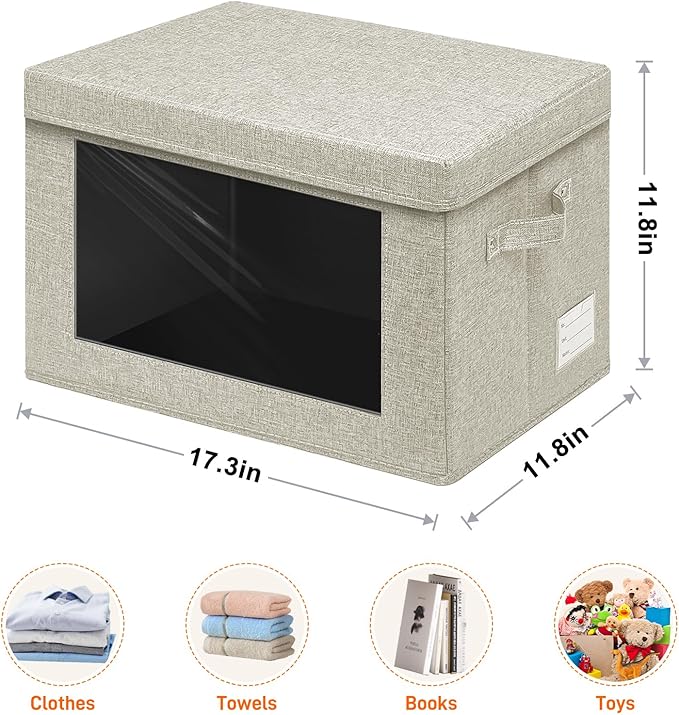 3-Pack Fabric Storage Bins with Lids, Foldable Storage Boxes with Handles & Clear Window, Closet Organizers for Clothes, Books (Beige, 3PCS/17.3 x 11.8 x 11.8 in)-NeatNest