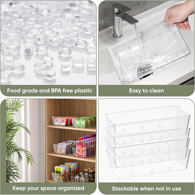 BALEINE Pantry Organizers and Storage Bins, Plastic Clear Storage Bins with 3 Removable Dividers, BPA-Free Fridge Organizers for Kitchen Cabinet Bathroom (10.5x6.1x3.5, 4PK)-NeatNest
