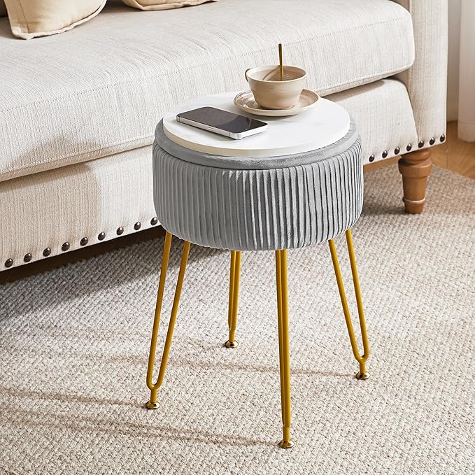 IBUYKE Velvet Storage Footrest Stool Ottoman, Makeup Vanity Stool Side Table with Golden Steel Legs Removable Cover, Coffee Table Top Cover, Grey LG-20G