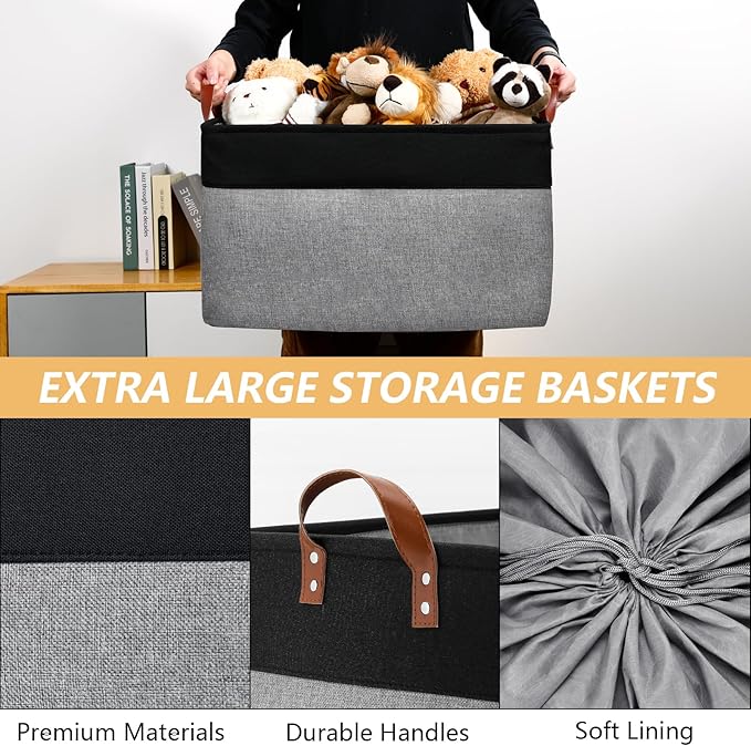 DULLEMELO Extra Large Canvas Fabric Storage Basket, 70L Foldable Closet Storage Bin with Handles, 22" Large Blanket Basket Living Room for Storage Toys, Pillows, Clothes, Books (Black&Grey)-NeatNest