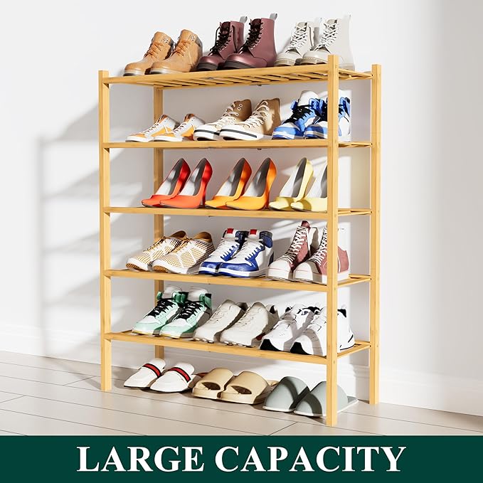 Smiry Shoe Rack, 5 Tier Bamboo Shoe Organizer, Stackable Free Standing Wooden Shoe Storage Shelf for Closet, Entryway, Front Door Entrance, Natural Bamboo-NeatNest