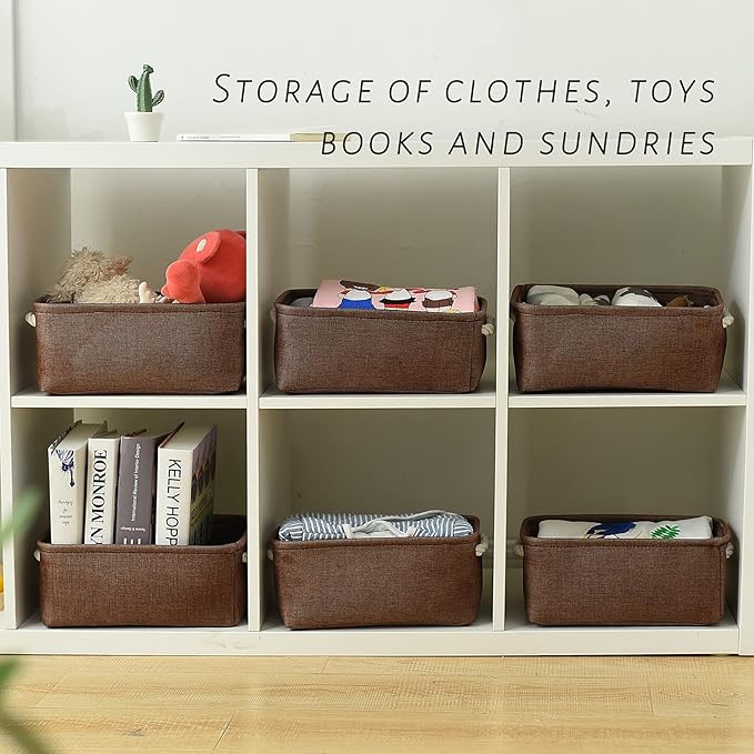 TheWarmHome Storage Basket for Organizing - 12x8x5 inch Small 6 Pack Collapsible Storage Bin for Shelves with Handles, Canves Storage Box for Cloth Closet Organizer Gift Toy (Brown)-NeatNest