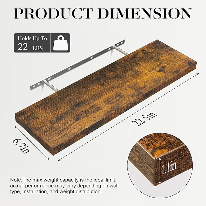 BAYKA Floating Shelves for Wall, 22.5 inches Wall Mounted Rustic Wood Shelves for Bathroom, Bedroom, Living Room, Floating Shelves for Books/Storage/Decor(Rustic Brown,Set of 3)-NeatNest