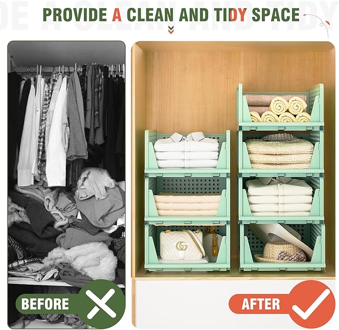 Closet Organizer, 4 Pack Stackable Storage Bins for Closet Shelves, Plastic Storage Drawers Basket Weekly Clothes Organizer for Kids(4L)(Green)