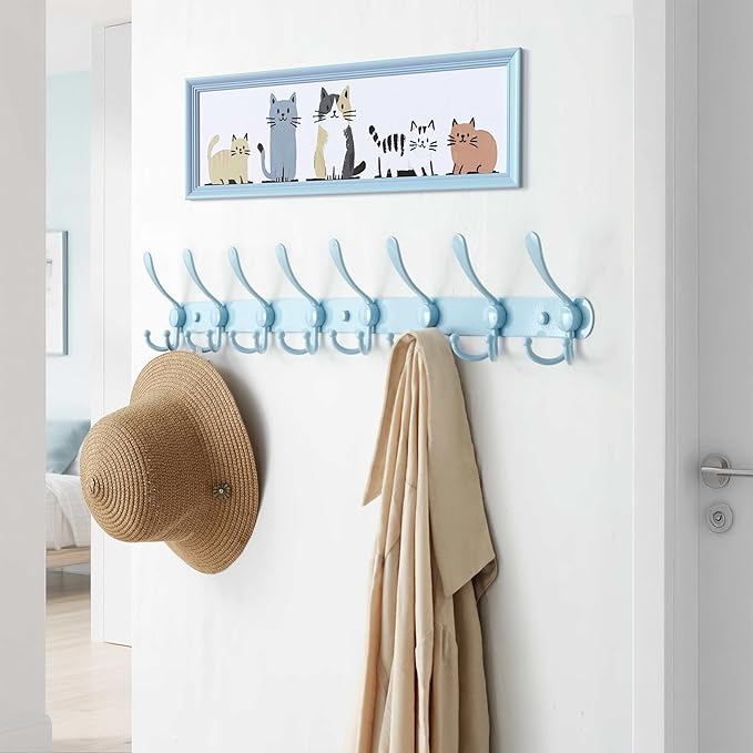 Dseap Coat Rack Wall Mount - 29.5” Long 8-Tri-Hooks Heavy Duty Coat Hanger Rail Wall Hooks for Hanging Coats Hats Clothing Clothes Purse Mudroom Entryway, Blue-NeatNest