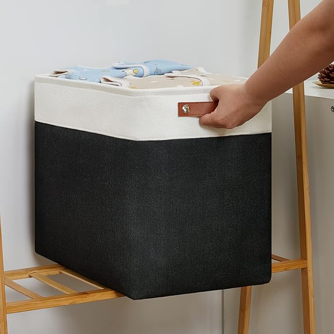 DULLEMELO Large Fabric Basket for Organizing, 17"x12"x15" Storage Basket With Leather Handles, Collapsible Storage Bin for Clothes, Toys, Books, Office, Bedroom, Closet, Nursery&Laundry (White&Black)-NeatNest