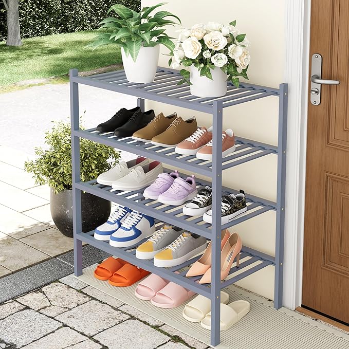 Smiry Shoe Rack, 4 Tier Thick Bamboo Shoe Organizer, Stackable Free Standing Wooden Shoe Storage Shelf for Closet, Entryway, Front Door Entrance, Grey-NeatNest