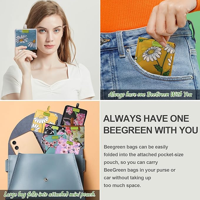 BeeGreen Reusable Gift Bags Floral Reusable Grocery Bags - Large Capacity 6 Pack Bulk Foldable Tote Bag - Recycled Ripstop Polyester Machine Washable Bags With Handles for Women Shopping-NeatNest