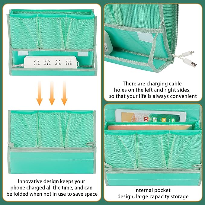 Bedside Caddy Bedside Storage Organizer Bedside Organizer with Power Strip Holder and 2 Adjustable Straps for Home Bunk Bed College Dorm Sofa (Green)-NeatNest