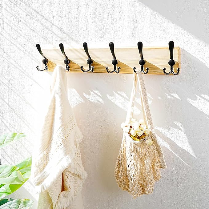 Dseap Coat Rack Wall Mounted - 24" Long 6 Tri Hooks, Heavy Duty Wooden Wall Coat Hanger Coat Hook for Clothes Hat Jacket Clothing, Weathered Light Natural and Black