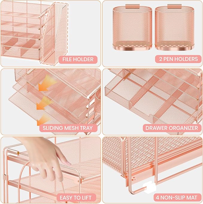 Desk Organizers and Accessories, 5-Tier Paper File Organizer with Drawer & Pen Holder, Office Desk Accessories Workspace Desktop Organizer for Office Supplies (Rose Gold)-NeatNest