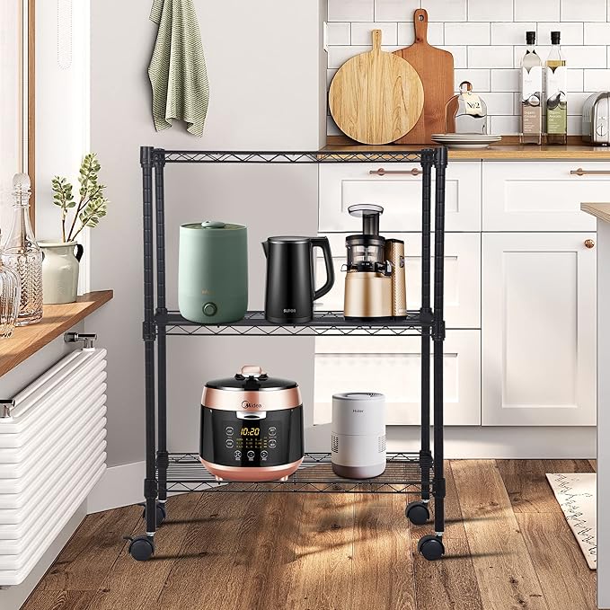 BestOffice 3-Tier Adjustable Wire Shelving Storage Shelves Heavy Duty Shelving Unit with Wheels for Small Places Kitchen Garage Balcony,Black-NeatNest