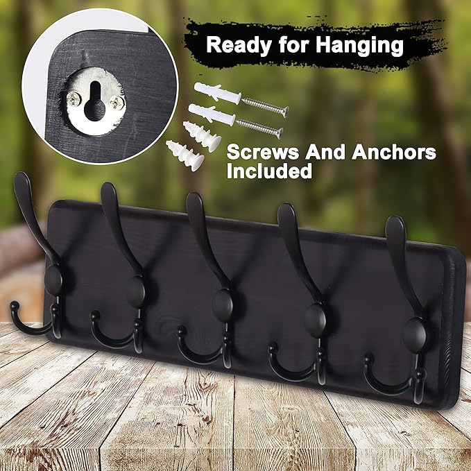 Dseap Coat Rack Wall Mounted - 5 Tri Hooks, Heavy Duty, Wooden Wall Coat Hanger Coat Hook for Clothes Hat Jacket Clothing, Black, Pack of 2