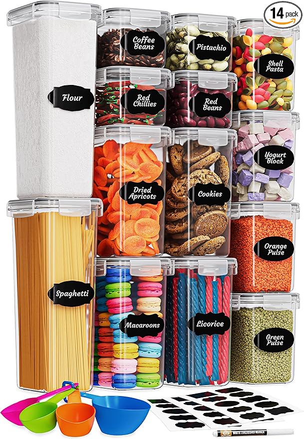 Chef's Path Kitchen Storage Box – Set of 14 Airtight Food Containers – Kitchen and Pantry Organisation – BPA-Free Plastic Food Storage Box – Labels, Marker and Spoons