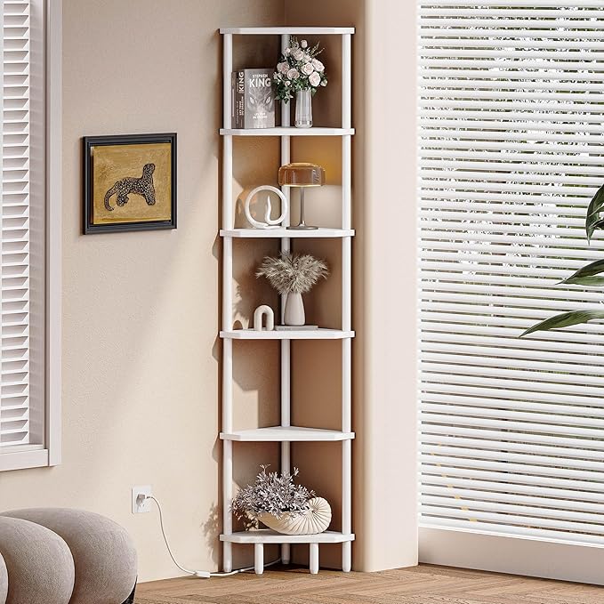 6 Tier Corner Shelf, 66.5'' Tall Standing Shelf, Narrow Display Shelf Stand, Modern Corner Bookshelf, Plant Stand, Corner Bookcase for Living Room, Bedroom, Bathroom, White LCS502W-NeatNest