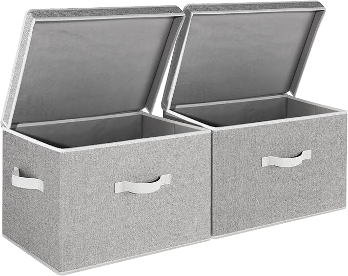 StorageWorks Fabric Storage Bins with Lid, Decorative Storage Boxes for Shelves, Stackable Closet Organizer Basket with Handles, Jumbo, Gray, 2-Pack-NeatNest
