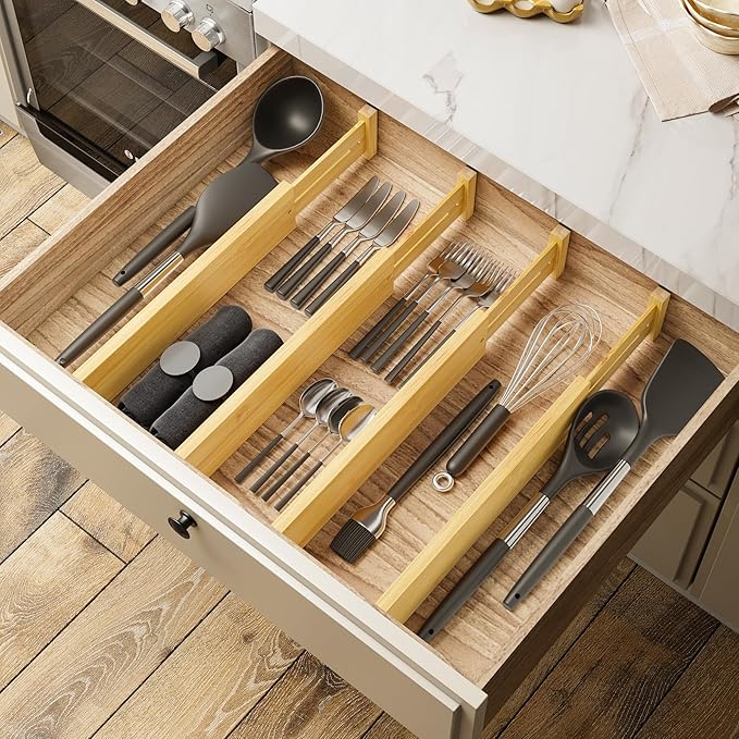 BAMEOS 4 pcs 3" High Bamboo Drawer Dividers Adjustable Drawer Organizer Expandable Drawer Organization Utensil Organizers for Kitchen Dresser Bathroom Bedroom and Office-NeatNest
