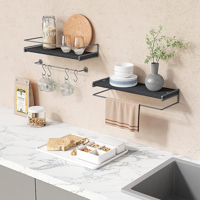 Forbena Black Floating Shelves for Bathroom Wall Set of 2, Kitchen Spice Rack Wall Mount, Modern Wood Hanging Wall Shelves for Bedroom Organizer, Restroom Pantry Closet Storage (Grey-Black)-NeatNest