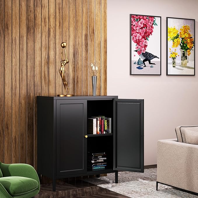 2 Door Metal Accent Cabinet, Small Sideboard, Locker Style Accent Storage Cabinet with Doors and Adjustable Shelves for Home, Office, Living Room, Kitchens (Square Door, Black)