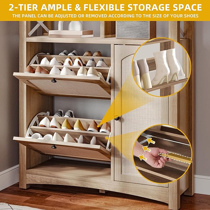 DWVO Farmhouse Shoe Cabinet with 2 Flip Drawers, Rattan Shoe Rack w/Door, Entryway Shoe Organizer with Open Storage & Adjustable Shelves, Rustic Hidden Shoes Storage Cabinet for Foyer, Hallway, Oak-NeatNest