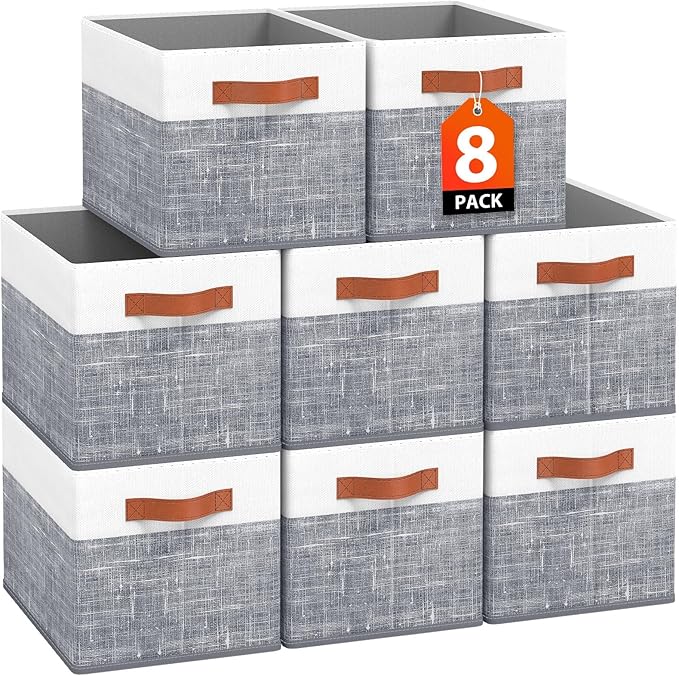 Fab totes Collapsible Storage Baskets for Shelves,14"x10", 8 Pack Foldable Fabric Storage Bins with Double Leather Handles, Large Baskets for Organizing Books, Clothes, White & Grey