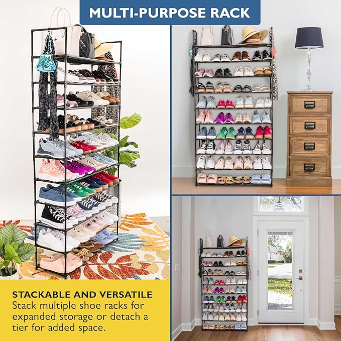 Sundaze Shoe Rack - 10 Tier Shoe Rack for Front Door Entrance, Sturdy Tall Shoe Organizer for Closet, Bedroom, Entryway, Garage, Non Woven Fabric Shelf, Black, Holds Up to 50 Pairs-NeatNest
