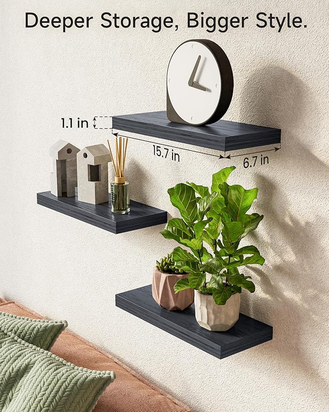 BAYKA Floating Shelves for Wall, Wall Mounted Rustic Wood Shelves for Bathroom, Bedroom, Living Room, Kitchen, Hanging Shelf for Books/Storage/Room Decor with 22lbs Capacity (Black, Set of 3, 15.7in)-NeatNest