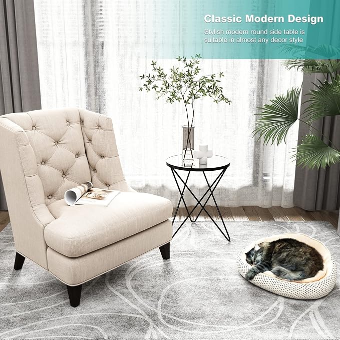 HLR Modern Round Side Table Set of 2, End Table with Marble Effect Top and Gold Metal Frame, Small Side Table for Living Room, Bedroom, Sofa and Couch, Black Legs, Mirror top