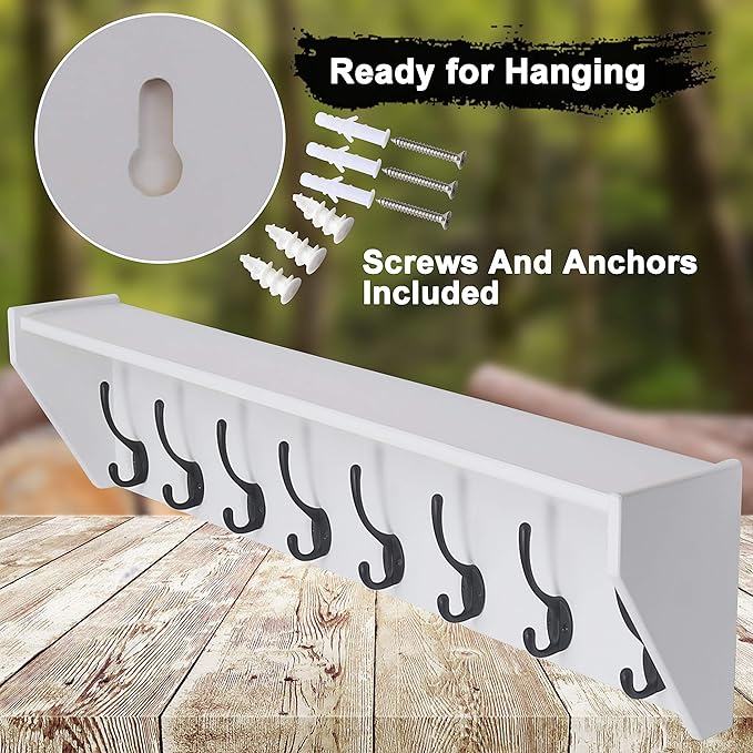 DSEAP Heavy Duty Coat Rack Wall Mount with Hooks and Shelf, Ideal for Entryway, Mudroom, Kitchen, Bathroom - White & Black