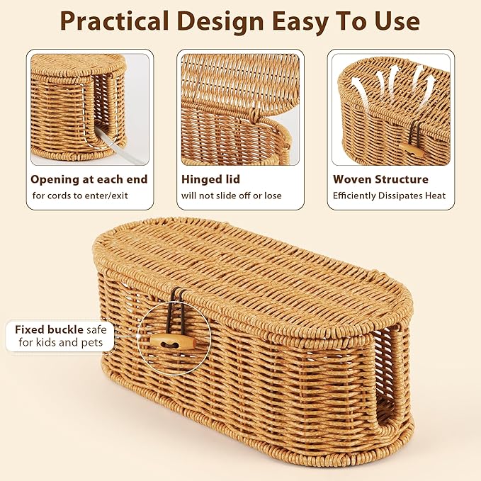 Cable Management Box, Handwoven Faux Rattan Cord Organizer Box with Lid, 2 Open Slots Cable Organizer Box, Decorative Cord Hider Box for Tv Computer USB Hub & Power Strip Holder