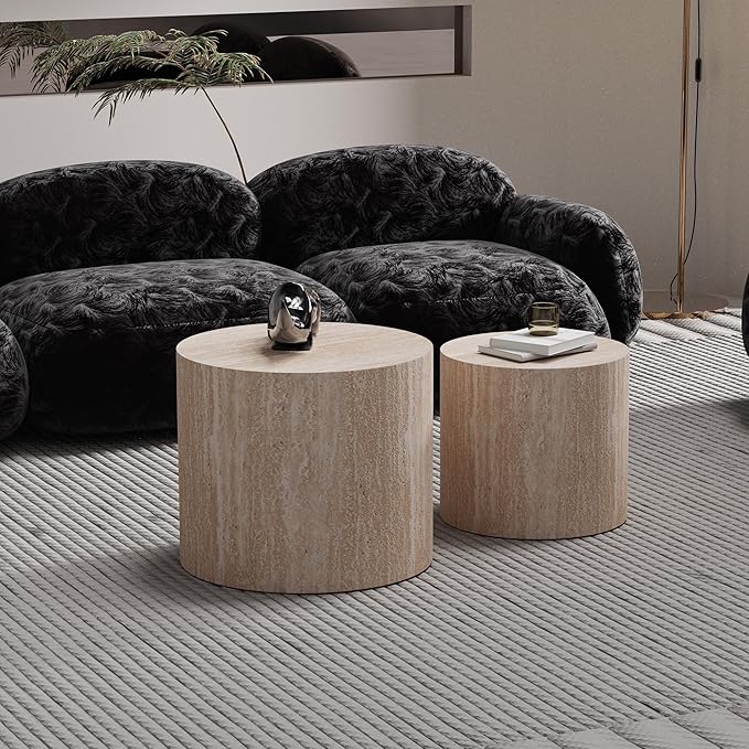 Round Nesting Coffee Tables Modern Travertine Coffee Table Small Round Coffee Tables Circular Side Table Accent End Table Nested Coffee Table Set for Living Room (Travertine)