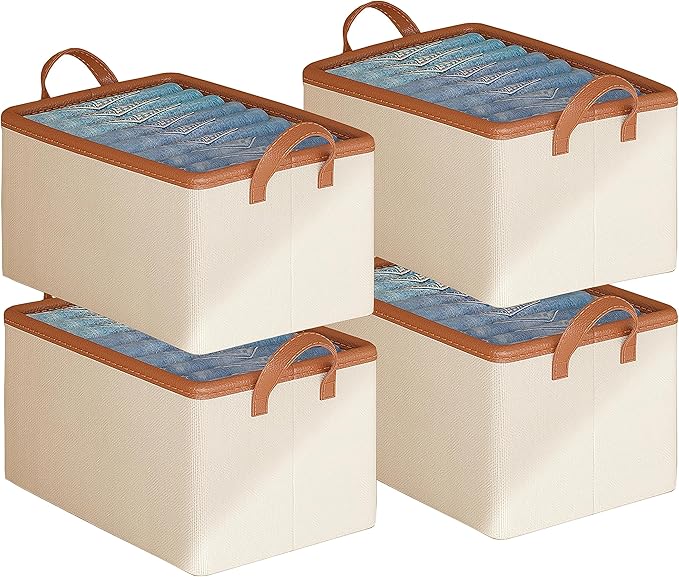 AARAINBOW 4 Pcs Closet Clothes Organizer with Handle, Fabric Storage Bin with Steel Frame Closet Shelf Box Stackable Shelf Storage Baskets Foldable Wardrobe Storage Box for Cltohes Toys, 20L (4 White)-NeatNest
